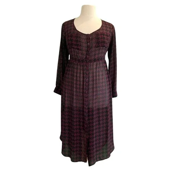 Torrid Long Sleeve Scoop Neck Burgundy Houndstooth Chiffon Button Tunic Size 1X - Picture 3 of 7
